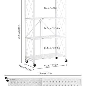 4 Tier Foldable Shelving Unit, Lanstics Folding Shelves Heavy Duty Storage Shelving with Wheels Metal Shelf Standing Shelves Units for Home Kitchen Living Room