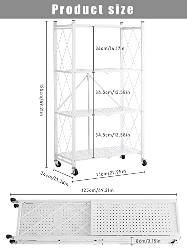 4 Tier Foldable Shelving Unit, Lanstics Folding Shelves Heavy Duty Storage Shelving with Wheels Metal Shelf Standing Shelves Units for Home Kitchen Living Room
