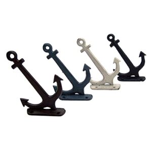 rustic cast iron angled anchor wall hooks, assorted colors, beach themed décor, set of 4, 4.75 inches