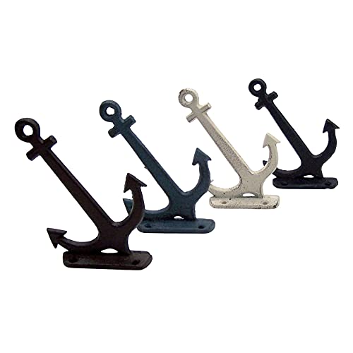 Rustic Cast Iron Angled Anchor Wall Hooks, Assorted Colors, Beach Themed Décor, Set of 4, 4.75 Inches