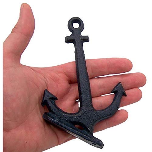 Rustic Cast Iron Angled Anchor Wall Hooks, Assorted Colors, Beach Themed Décor, Set of 4, 4.75 Inches