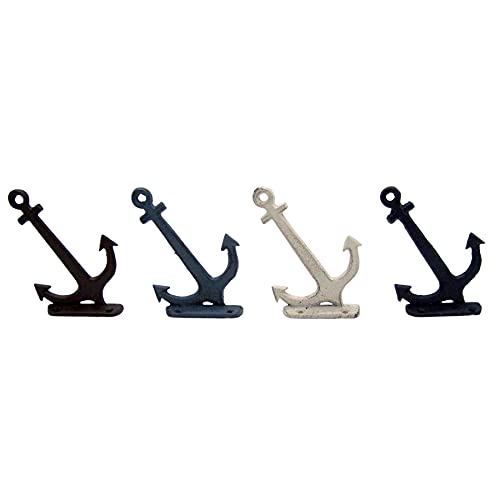 Rustic Cast Iron Angled Anchor Wall Hooks, Assorted Colors, Beach Themed Décor, Set of 4, 4.75 Inches