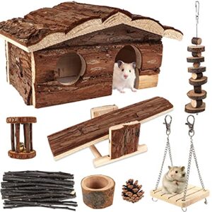 hamster chew toys with wooden house, 17 pack natural wooden hideout, food bowl, activity toys for hamster, rats, gerbils, small birds and other small animals