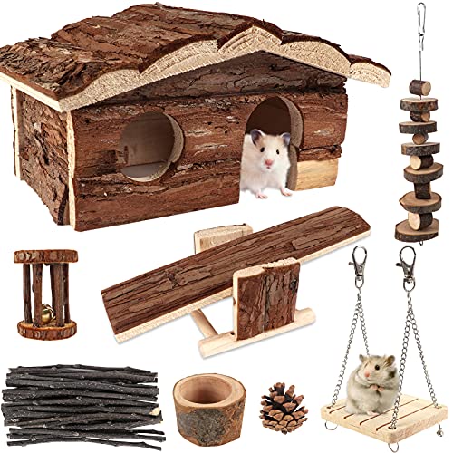 Hamster Chew Toys with Wooden House, 17 Pack Natural Wooden Hideout, Food Bowl, Activity Toys for Hamster, Rats, Gerbils, Small Birds and Other Small Animals