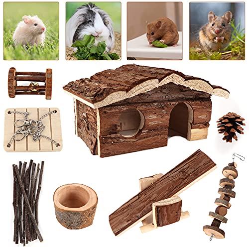 Hamster Chew Toys with Wooden House, 17 Pack Natural Wooden Hideout, Food Bowl, Activity Toys for Hamster, Rats, Gerbils, Small Birds and Other Small Animals