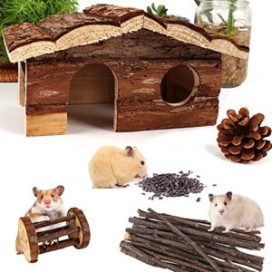 Hamster Chew Toys with Wooden House, 17 Pack Natural Wooden Hideout, Food Bowl, Activity Toys for Hamster, Rats, Gerbils, Small Birds and Other Small Animals