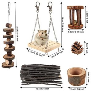 Hamster Chew Toys with Wooden House, 17 Pack Natural Wooden Hideout, Food Bowl, Activity Toys for Hamster, Rats, Gerbils, Small Birds and Other Small Animals