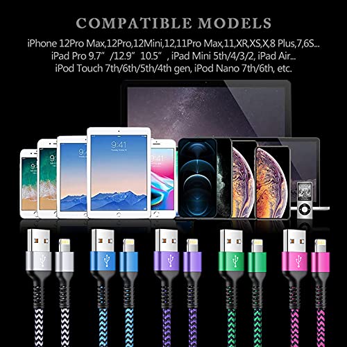 iPhone Charger [5Pack/6ft], Long Braided Lightning Cables, Fast Charging Power Adapter Cargador Cords for iPhone 14/13/12 Pro Max/12Pro/11 Pro Max/SE/XS/XR/8/7/6S Plus, iPad mini Air Pod Color Wire