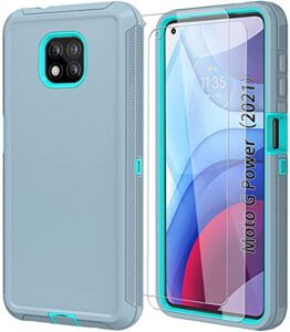 onola compatible with moto g power 2021 case with hd screen protector (2 packs) [not for g power 2020],moto g power case 2021 full body 3 in 1 durable case for moto g power 2021 (grey-skyblue)