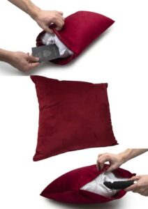 norott decorative throw pillow vault secret pocket-6.5x10.5-keep items private safe secure in plain sight-beds-couch-sofa-any room-travel use- square crimson-17.5x17.5x6.5 inches