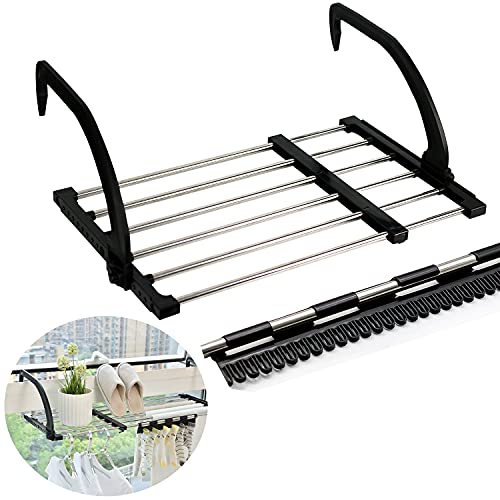 Candumy Portable Clothes Drying Rack for Balcony Railings Windowsill, Folding Towel Rack Indoor Outdoor Retractable Laundry Rack with Sock Clips for Drying Socks