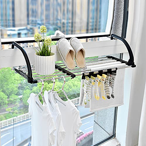 Candumy Portable Clothes Drying Rack for Balcony Railings Windowsill, Folding Towel Rack Indoor Outdoor Retractable Laundry Rack with Sock Clips for Drying Socks