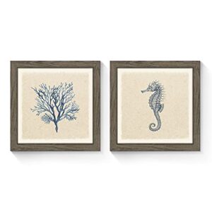 ocean framed wall art bedroom: 2 pieces sea horse vintage artwork abstract watercolor coral painting coastal gallery prints minimalism seascape picture for bathroom office