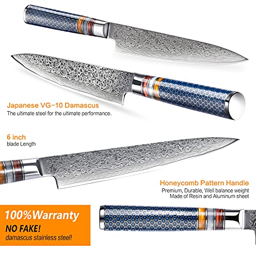 Utility Paring Knife 6 Inch Damascus Chefs Knife Utility Kitchen Knife Japanese VG10 Kitchen Paring Knives 67-Layer High Carbon Stainless Steel Knife Fruit Knife Christmas Gift