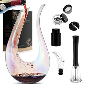 wine decanter set, 1200ml red wine iridescent carafe with bottle opener, stopper, cleaning beads and wine pour, colorful wine aerator gift set wine breather, lead-free crystal glass wine accessories