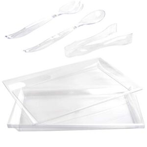 wellife 24 pack plastic serving trays with disposable utensils, 6 asymmetric rectangle platters 15”x 10”, 6 serving spoons 10”, 6 serving forks 10”, 6 serving tongs 6.3”, perfect for buffet