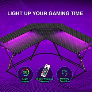 SEVEN WARRIOR L Shaped Gaming Desk with LED Lights & Power Outlets, 50.4” Computer Desk with Monitor Stand & Carbon Fiber Surface, Corner Desk with Cup Holder, Gaming Table with Hooks, Black