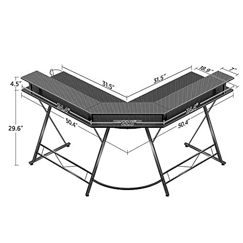 SEVEN WARRIOR L Shaped Gaming Desk with LED Lights & Power Outlets, 50.4” Computer Desk with Monitor Stand & Carbon Fiber Surface, Corner Desk with Cup Holder, Gaming Table with Hooks, Black