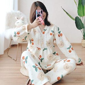 stjdm nightgown,cute autumn and winter pure cotton knitted pajamas ladies long-sleeved quilted warmth and thick cute home service suit m cherrybear