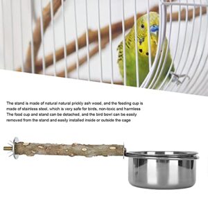 Wood Bird Perch with Bird Feeding Cups Stainless Steel Parrot Food Water Bowls Dish Feeder for Cockatiel Conure Budgies Parakeet [S] Feeding & Watering Supplies