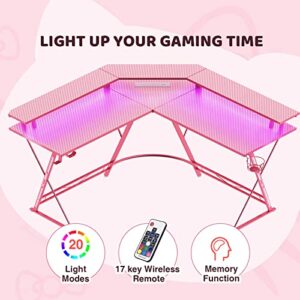 SEVEN WARRIOR Gaming Desk 50.4” with LED Lights& Power Outlets, L-Shaped Gaming Desk Carbon Fiber Surface with Monitor Stand, Ergonomic Pink Gaming Desk with Cup Holder, Headphone Hook