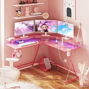 SEVEN WARRIOR Gaming Desk 50.4” with LED Lights& Power Outlets, L-Shaped Gaming Desk Carbon Fiber Surface with Monitor Stand, Ergonomic Pink Gaming Desk with Cup Holder, Headphone Hook