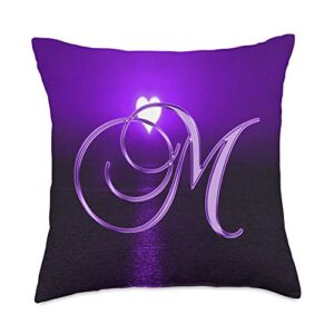 401merch monograms m purple heart beach ocean lake sun moon initial letter name throw pillow, 18x18, multicolor