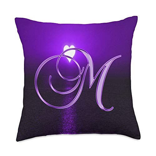 401Merch Monograms M Purple Heart Beach Ocean Lake Sun Moon Initial Letter Name Throw Pillow, 18x18, Multicolor