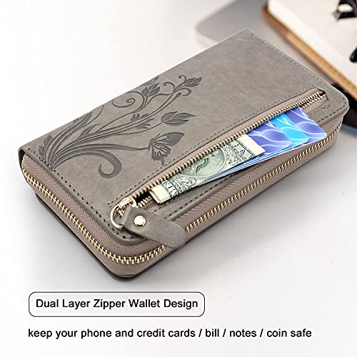 Lacass for iPhone SE 3rd gen/iPhone SE 2020/2022 /iPhone 6/6S/7/8 4.7 inch Crossbody Chain Dual Zipper Detachable Magnetic Leather Wallet Case Cover Wristlets Clutch Card Slot Money Pocket(Gray)