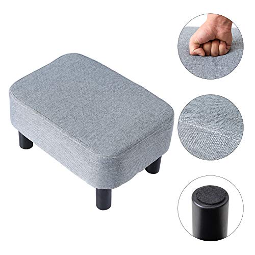 IBUYKE 16.54" Small Footstool Linen Fabric Pouf Ottoman Footrest Modern Home Living Room Bedroom Rectangular Stool, with Padded Seat Pine Wood Legs, Gray RF-BD214-D