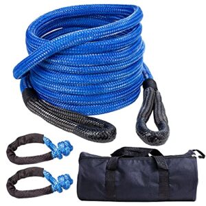 herox 1” x 30ft kinetic recovery rope kit - offroad tow strap - heavy duty tow rope for trucks atv vehicles suv and utv - comes with 2 soft shackles and storage bag - blue