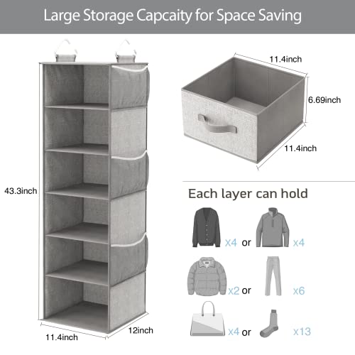 MONINXS Hanging Closet Organizer 6-Shelf, Hanging Shelves for Closet with 3 Divisible Drawers & Side Pocket, Linen, 11.4''W x 12''D x 43.3''H, Grey