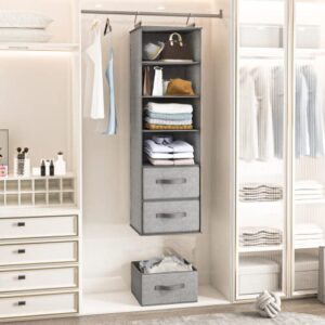 MONINXS Hanging Closet Organizer 6-Shelf, Hanging Shelves for Closet with 3 Divisible Drawers & Side Pocket, Linen, 11.4''W x 12''D x 43.3''H, Grey