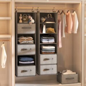 MONINXS Hanging Closet Organizer 6-Shelf, Hanging Shelves for Closet with 3 Divisible Drawers & Side Pocket, Linen, 11.4''W x 12''D x 43.3''H, Grey