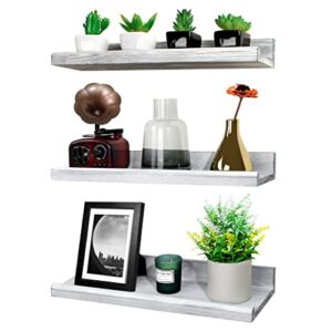 annecy floating shelves wall mounted set of 3, 16 inch gray solid wood shelves for wall, wall storage shelves with guardrail design for bedroom, bathroom, kitchen, office, 3 different sizes