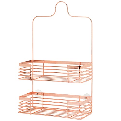 MyGift Modern Copper Metal 2 Tier Bathroom Hanging Shower Organizer, Over Head Shower Caddy Basket, Bathroom Accessories Organizer Storage Rack with Wall Suction Cups