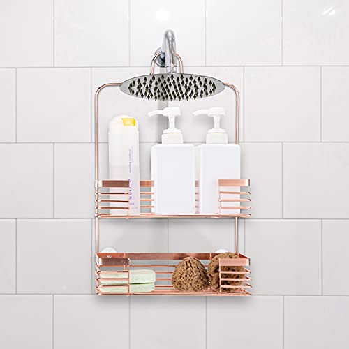 MyGift Modern Copper Metal 2 Tier Bathroom Hanging Shower Organizer, Over Head Shower Caddy Basket, Bathroom Accessories Organizer Storage Rack with Wall Suction Cups