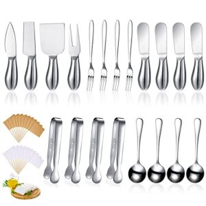 charcuterie board accessories cheese spreader knife set cheese butter knife stainless steel mini serving tongs spoons appetizer forks for pastry christmas (silver, 20 pieces)