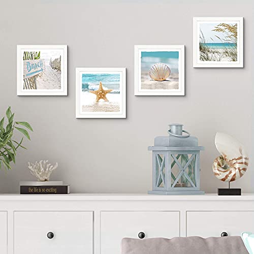 Ocean Wooden Framed Gallery Artwork: Beach Theme Starfish Wall Art Collection Conch Picture Prints Wall Decor Set of 4 for Bathroom (Multi-Style)