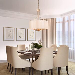 classy leaves Gold Chandelier Light Fixture, 4-Light Modern Drum Chandelier Lighting, Gold Pendant Light with White Fabric Shade for Dining Room, Kitchen Island, Foyer, Living Room, 16’’ D x 21.5’’ H