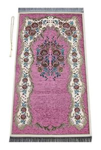 muslim prayer rug with prayer beads | janamaz | sajadah | soft islamic prayer rug | islamic gifts | prayer carpet mat, chenille fabric, rose