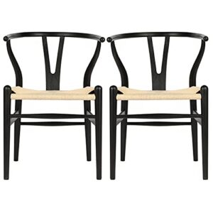 vodur wishbone chair natural solid wood dining chair/hans vegner y chair rattan and wood accent armrest chair (ash wood - black + natural cord)