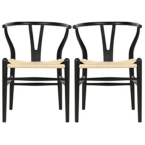 VODUR Wishbone Chair Natural Solid Wood Dining Chair/Hans Vegner Y Chair Rattan and Wood Accent Armrest Chair (Ash Wood - Black + Natural Cord)