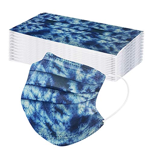 50PC Tie Dye Disposable Face_Masks for Adult Women Men Printed Design 3 Ply Breathable Full Protection Light Weight Fashion (Blue Tie Dye, 50PC)