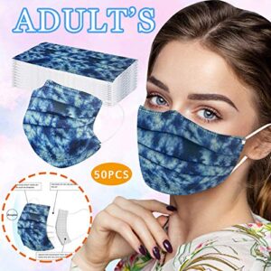 50PC Tie Dye Disposable Face_Masks for Adult Women Men Printed Design 3 Ply Breathable Full Protection Light Weight Fashion (Blue Tie Dye, 50PC)