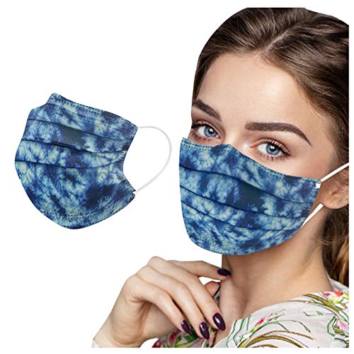 50PC Tie Dye Disposable Face_Masks for Adult Women Men Printed Design 3 Ply Breathable Full Protection Light Weight Fashion (Blue Tie Dye, 50PC)