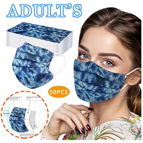 50PC Tie Dye Disposable Face_Masks for Adult Women Men Printed Design 3 Ply Breathable Full Protection Light Weight Fashion (Blue Tie Dye, 50PC)