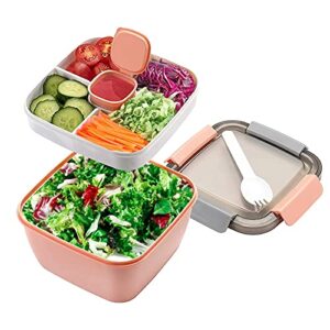 stackable salad container for lunch, 3 compartments 50 oz bento box with dressing cup great for salad toppings snacks salad bowl