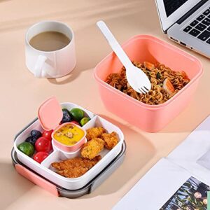 Stackable Salad Container for Lunch, 3 Compartments 50 oz Bento Box with Dressing Cup Great for Salad Toppings Snacks Salad Bowl