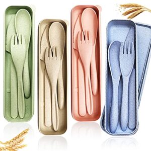 4 sets wheat straw cutlery,portable cutlery,reusable spoon knife forks,spoon knife fork tableware set for adult travel picnic camping or daily use (4 colors)